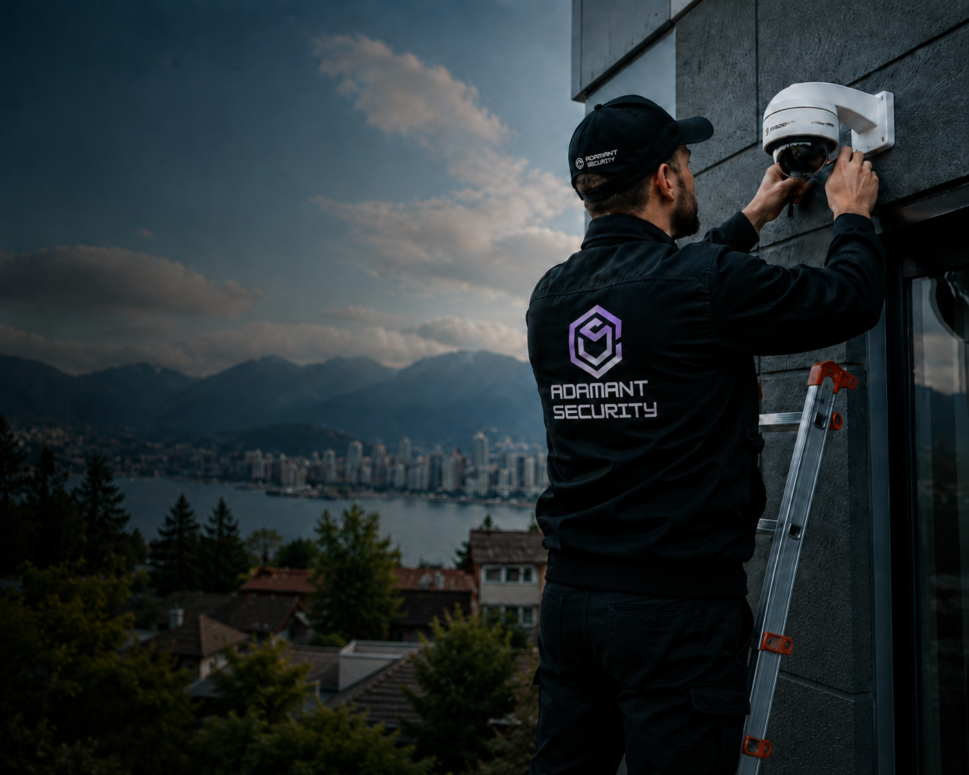 Adamant Security technician installing a security camera