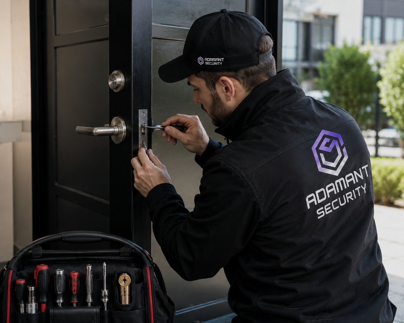 Professional locksmith installing commercial door lock hardware