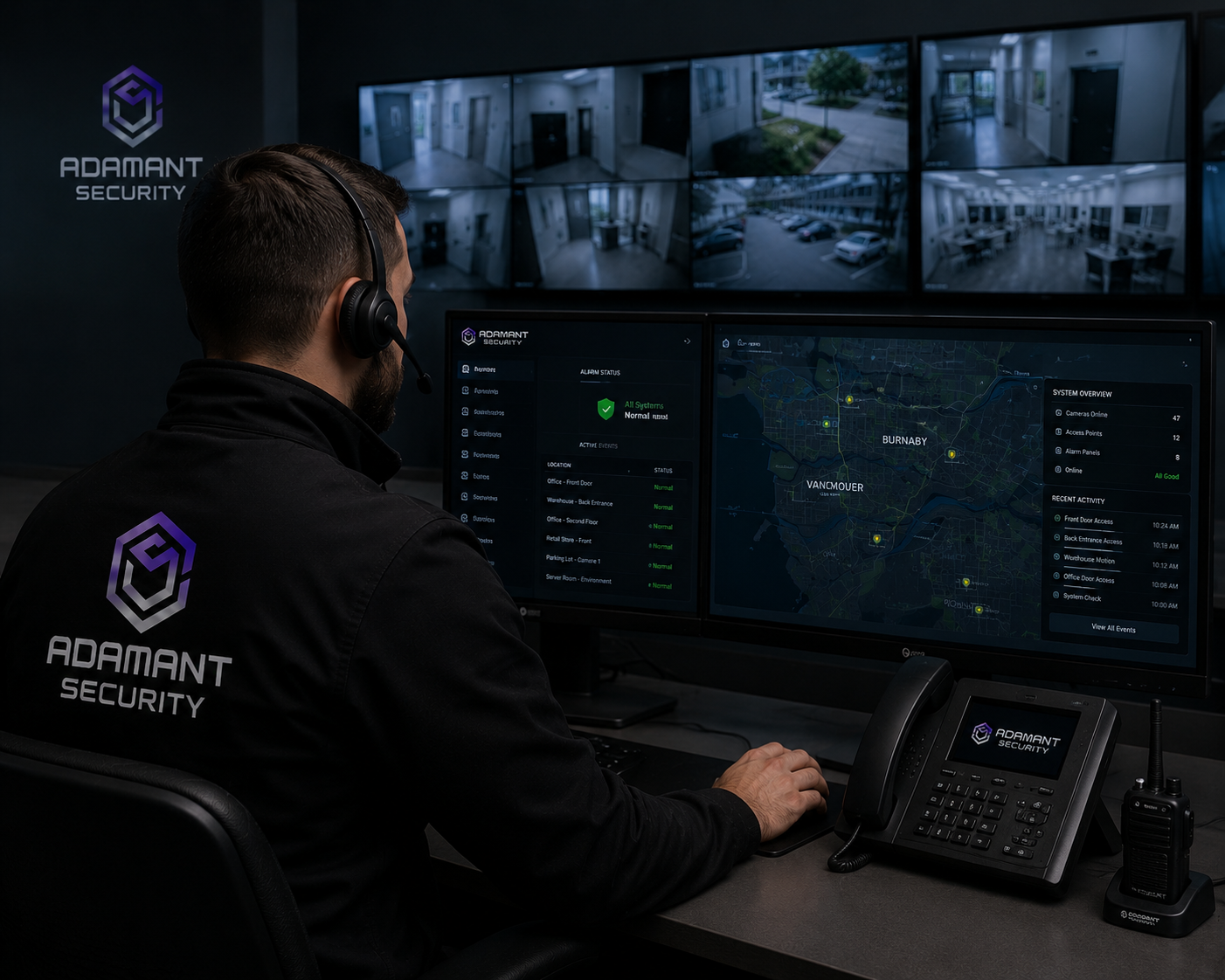 Security monitoring dashboard with alarm and camera system alerts
